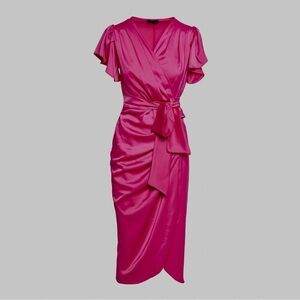 Satin Short Satin Midi Dress Belted Ruched Slit Dress